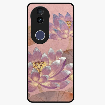 Blossom Mist Lotus Glass Case showing flat back view with serene lotus blossom artwork and glossy glass finish.