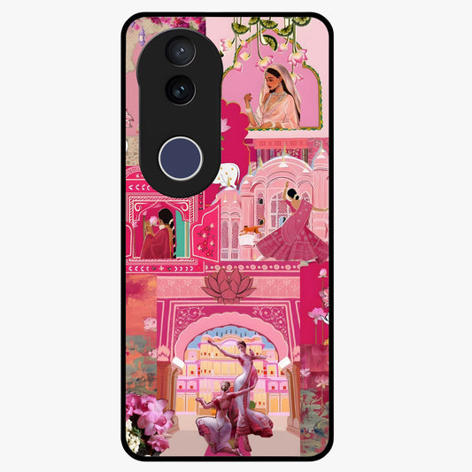 Blossoms of Rajasthan Glass Case showing flat back view with traditional floral artwork inspired by Rajasthan and glossy glass finish.