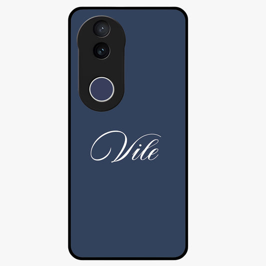 Blue Background Personalized Custom Name Glass Case showing flat back view with minimal blue background and custom name design.