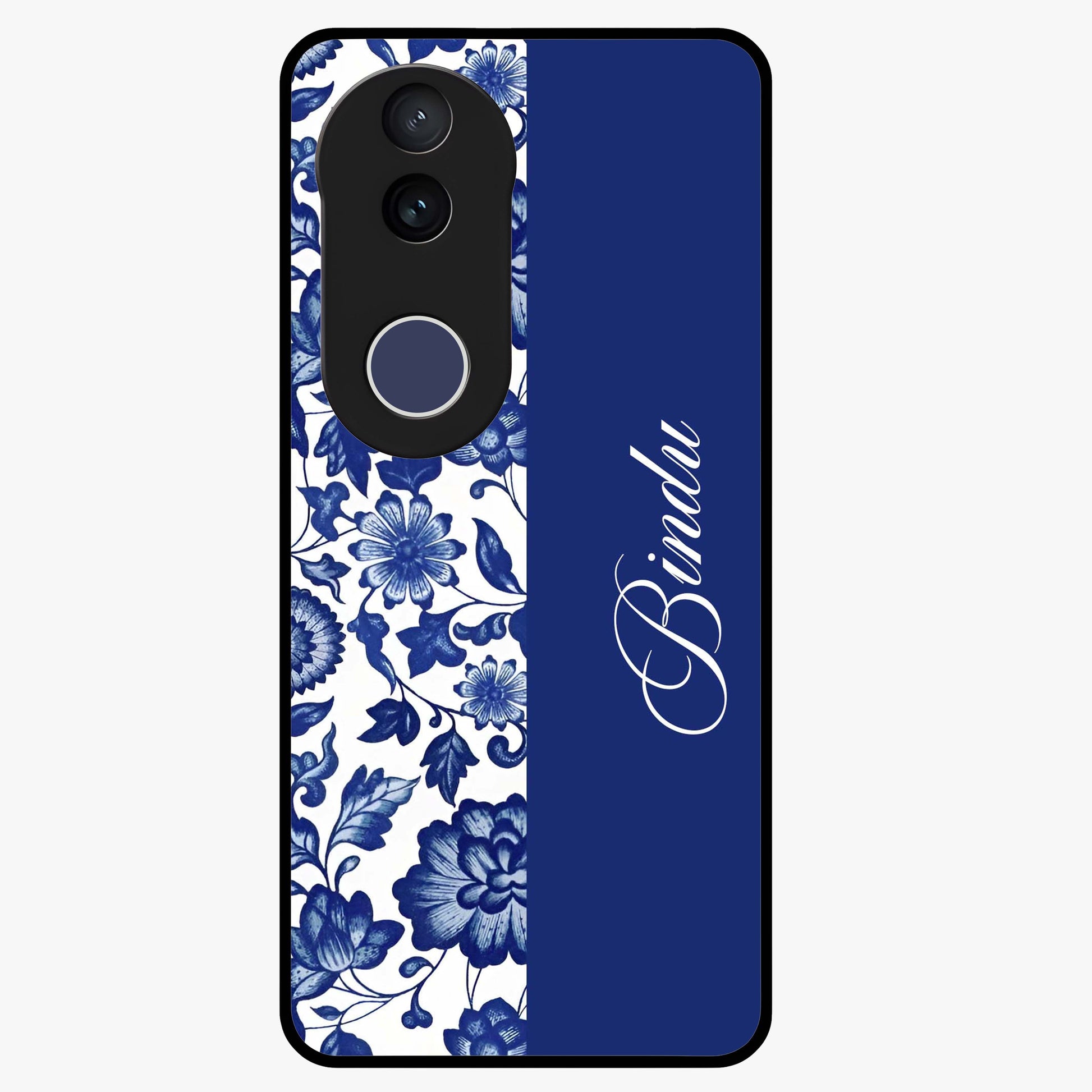 Blue Vintage Floral Pattern Glass Case upright view showcasing timeless floral illustration with vintage inspired style.