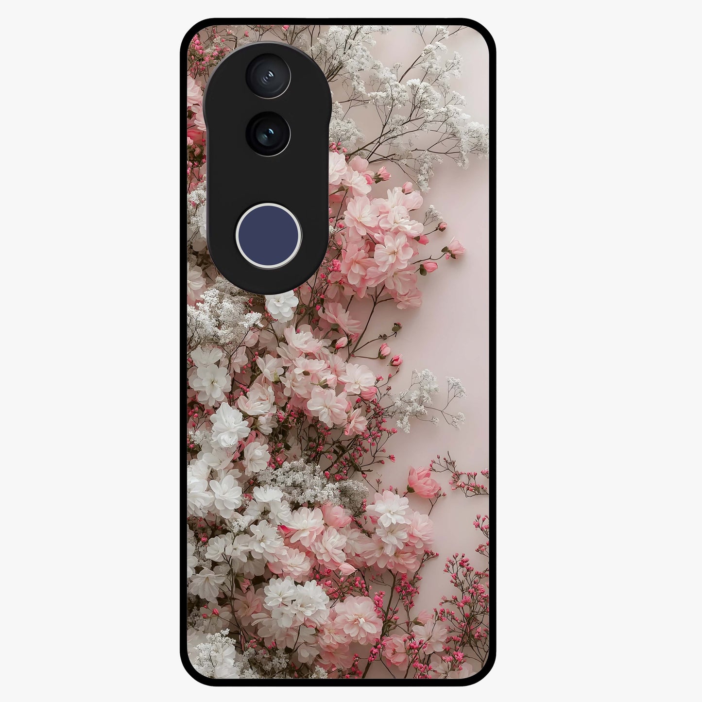 Blush Blossom Cloud Glass Case showing flat back view with dreamy blush cloud blossom artwork and glossy glass finish.