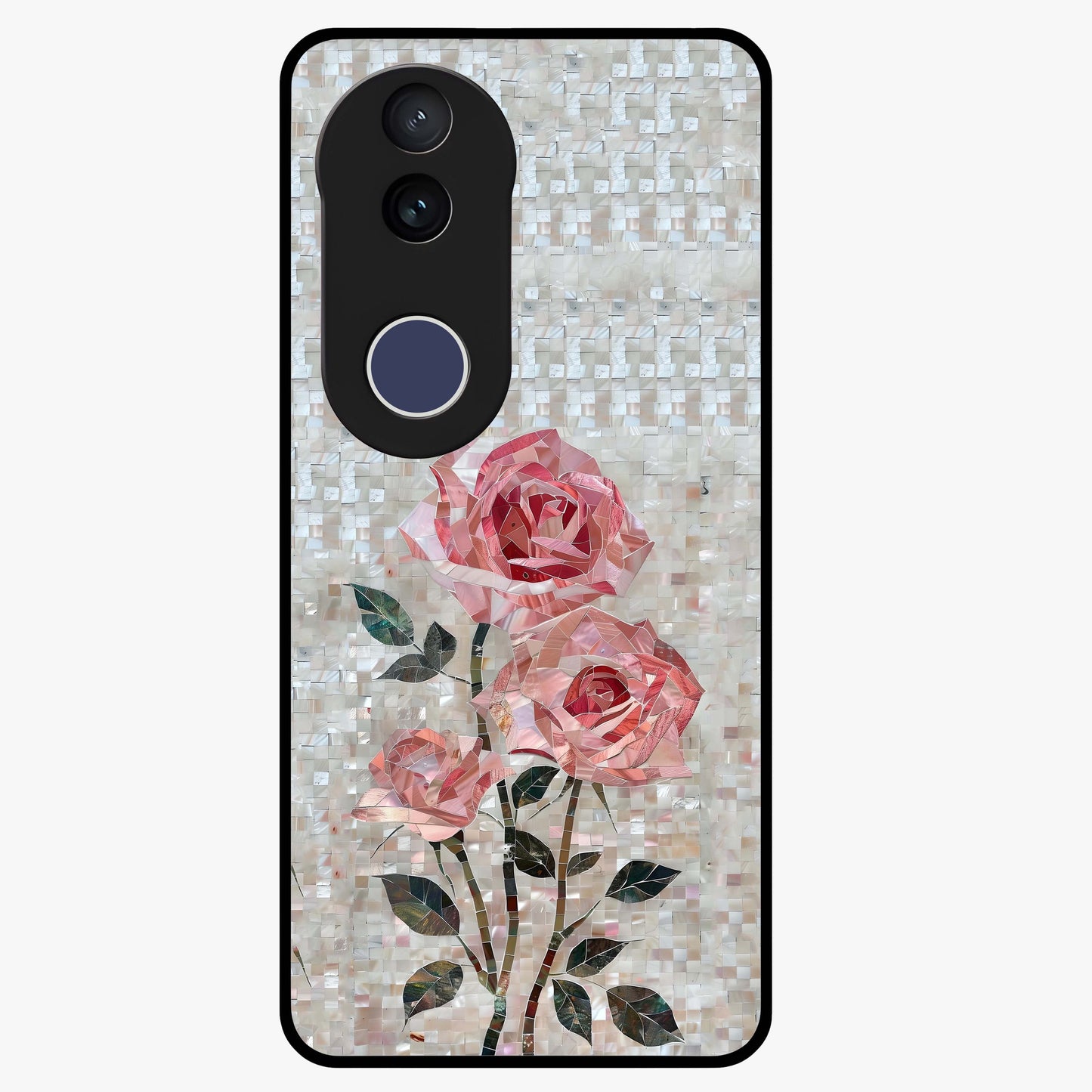 Blush Mosaic Bloom Glass Case showing flat back view with mosaic floral bloom artwork and glossy glass finish.