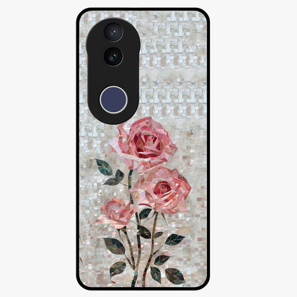 Blush Mosaic Bloom Glass Case showing flat back view with mosaic floral bloom artwork and glossy glass finish.