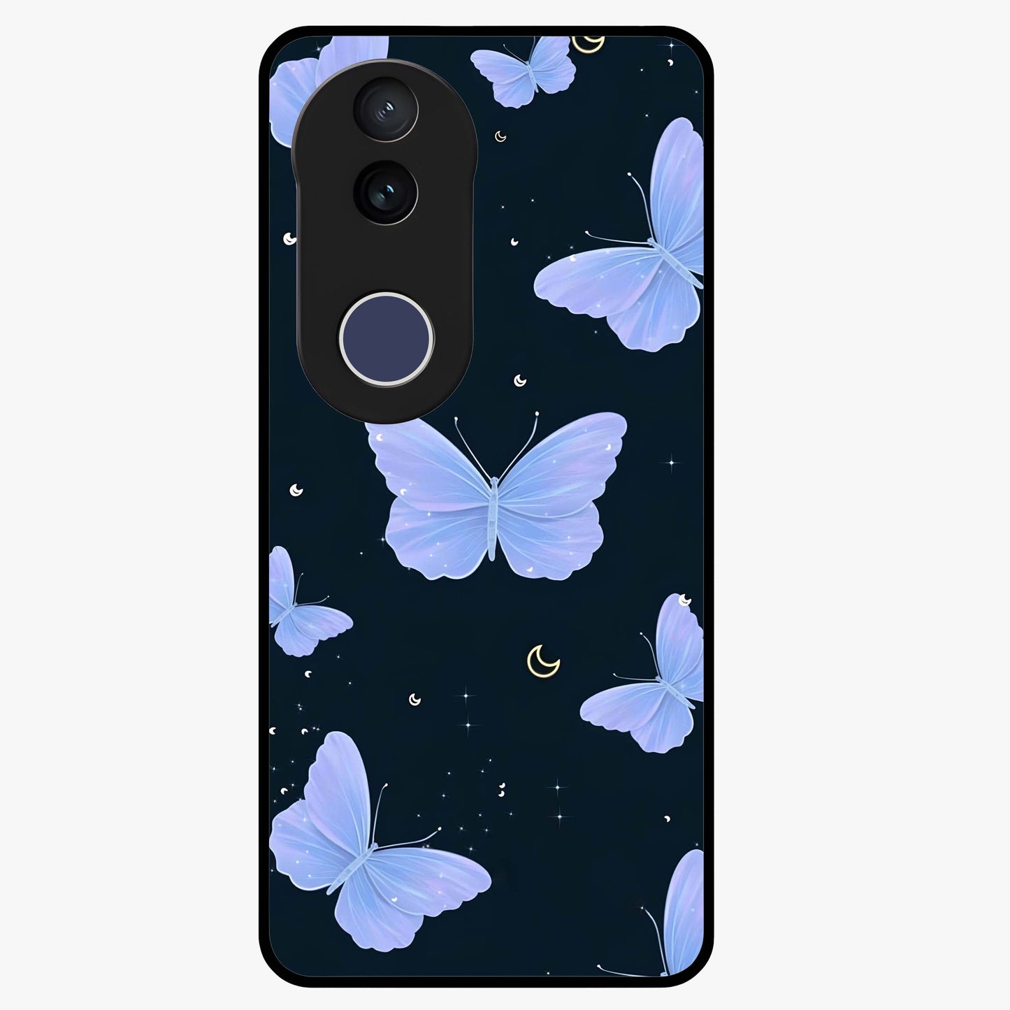 Butterfly With Stars Pattern Glass Case showing flat back view with butterfly and star pattern artwork and glossy glass finish.