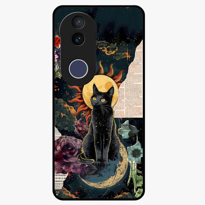 Celestial Black Cat Glass Case showing flat back view with mystical black cat artwork and glossy glass finish.