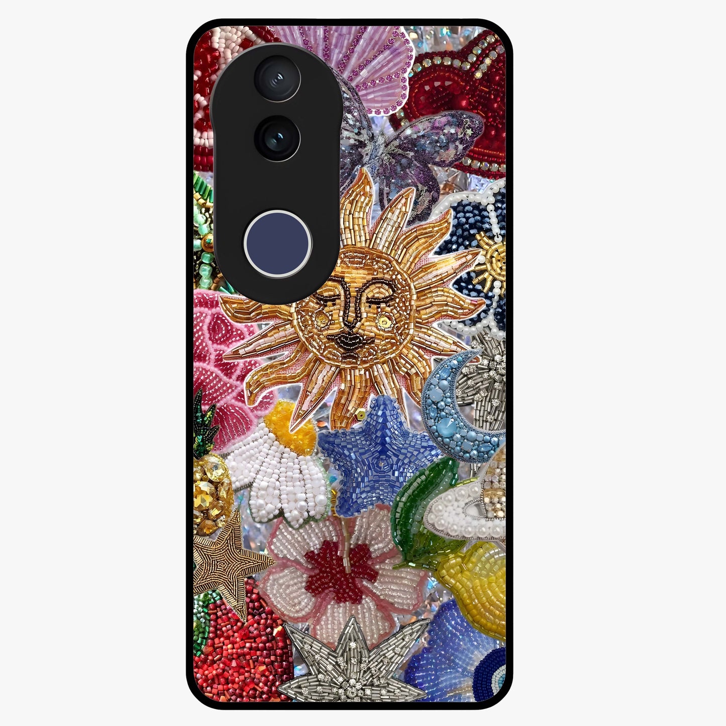 Celestial Floral and Playful Glass Case showing flat back view with floral and celestial themed artwork and glossy glass finish.