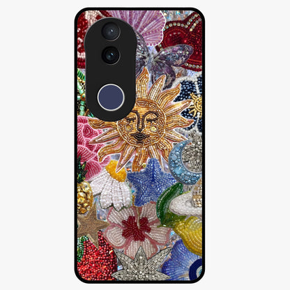 Celestial Floral and Playful Glass Case showing flat back view with floral and celestial themed artwork and glossy glass finish.
