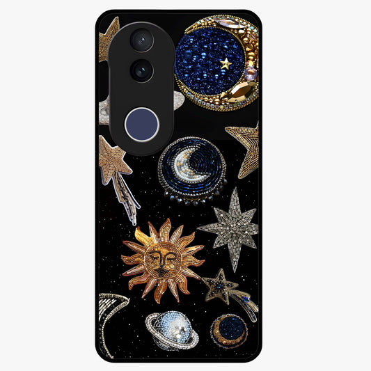 Celestial Gem Constellations Glass Case showing flat back view with sparkling constellation artwork and glossy glass finish.