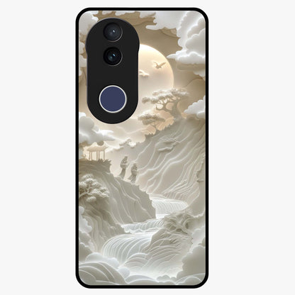 Celestial Origami Glass Case showing flat back view with artistic origami inspired celestial artwork and glossy glass finish.