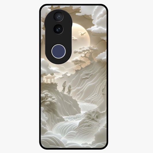Celestial Origami Glass Case showing flat back view with artistic origami inspired celestial artwork and glossy glass finish.