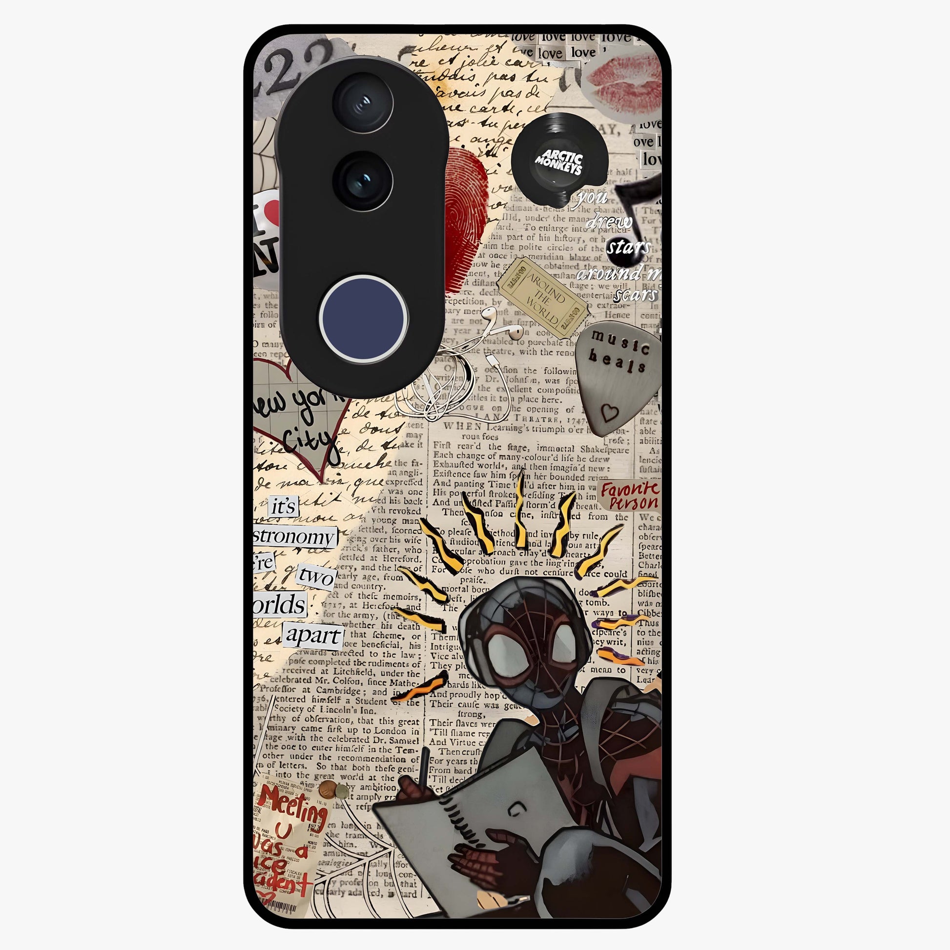 City Dream Sketch Glass Case showing flat back view with artistic city skyline sketch artwork and glossy glass finish.