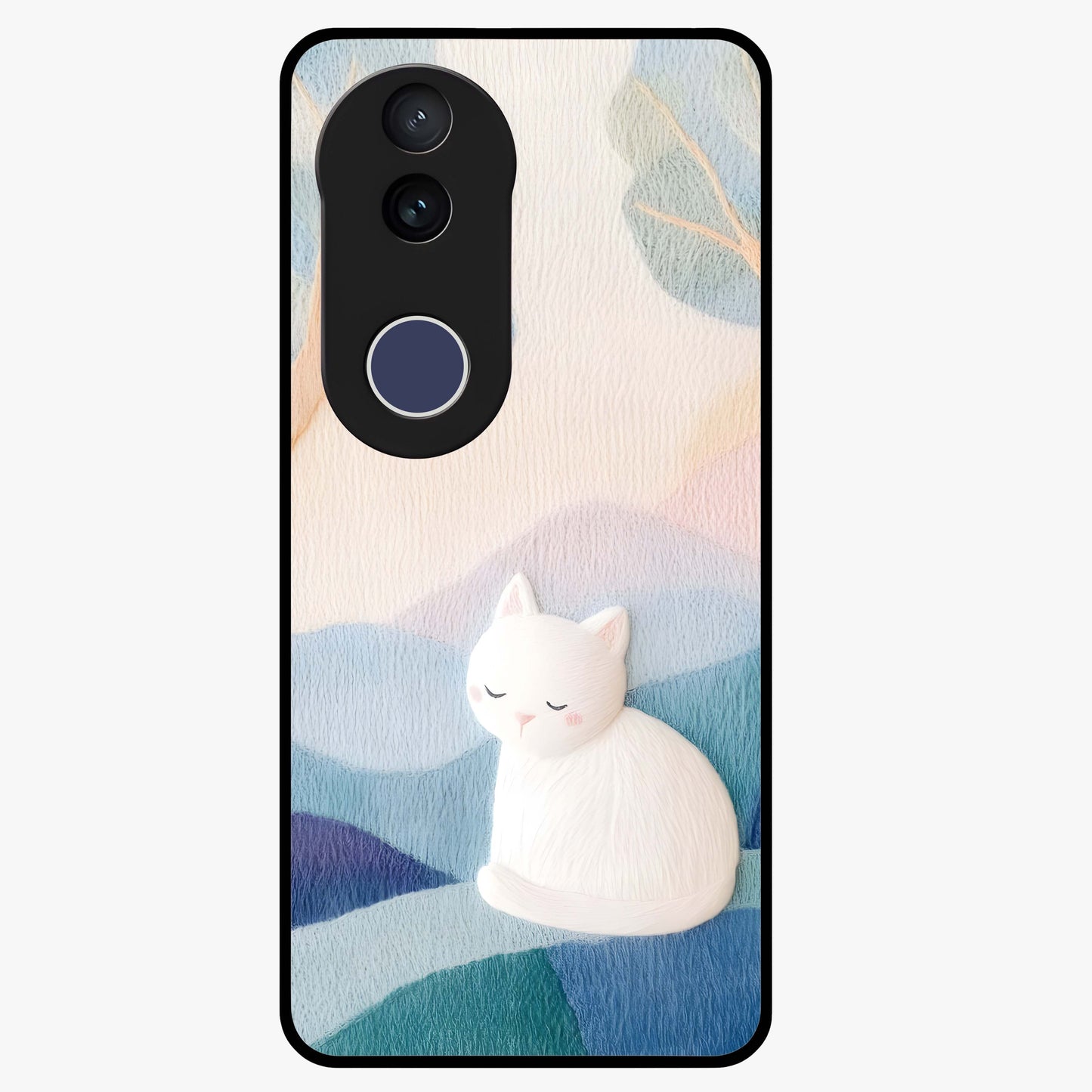 Cotton Dream Cat Glass Case showing flat back view with soft dreamy cat artwork and glossy glass finish.