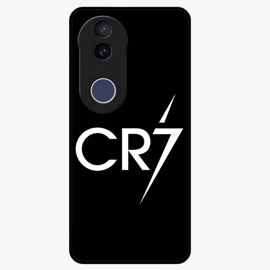 Cr7 Elite Strike Glass Case showing flat back view with dynamic football inspired artwork and glossy glass finish.
