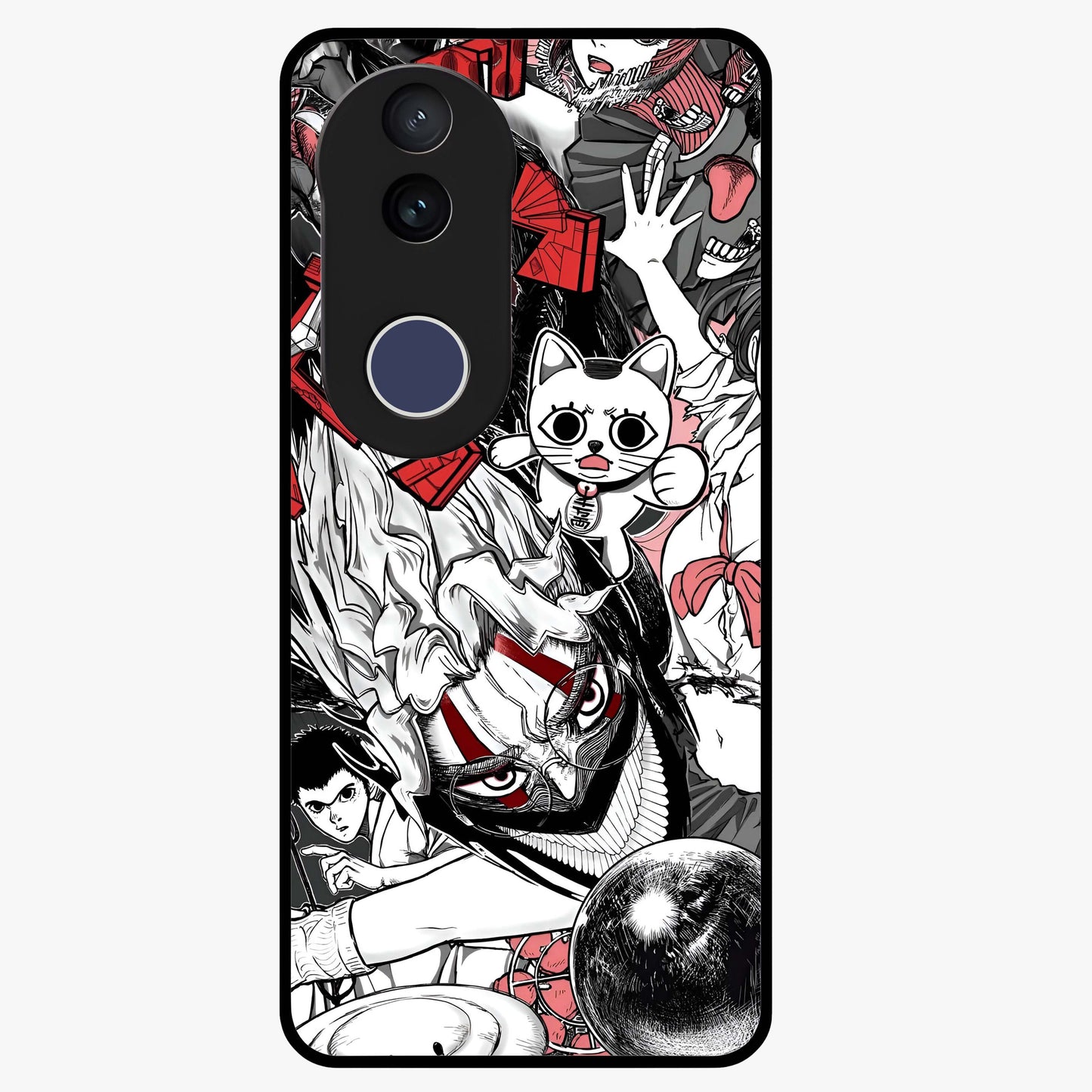 Crimson Chaos Panel Glass Case showing flat back view with bold crimson abstract artwork and glossy glass finish.
