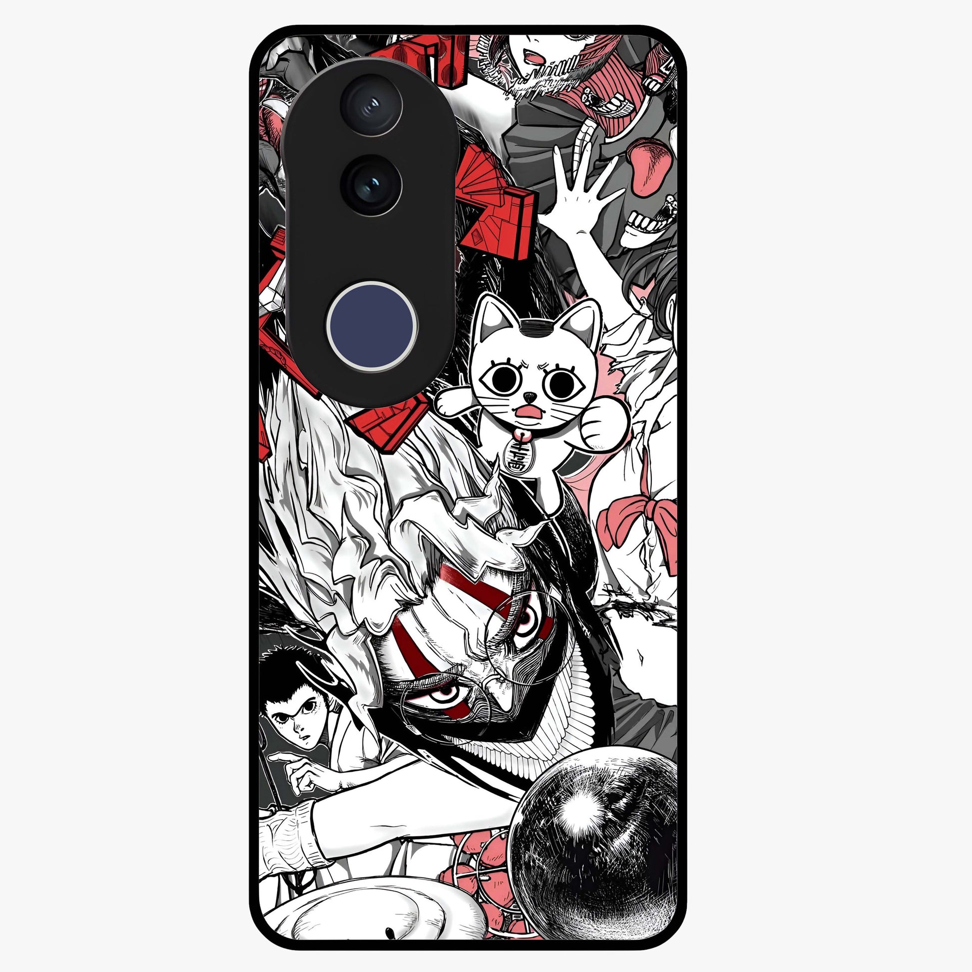 Crimson Chaos Panel Glass Case showing flat back view with bold crimson abstract artwork and glossy glass finish.