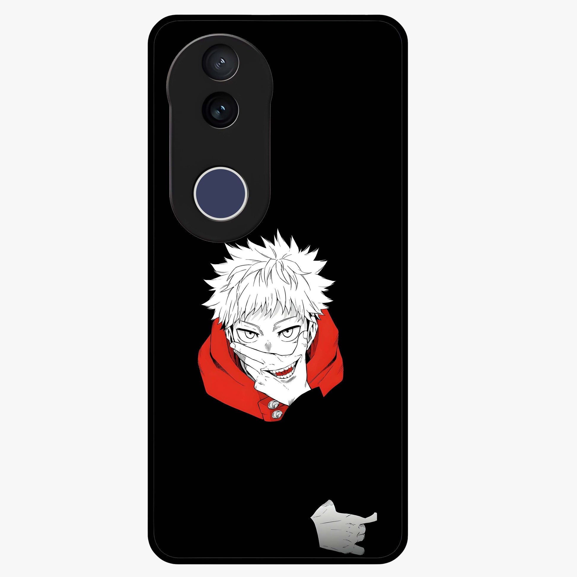 Crimson Chaos Smile Glass Case showing flat back view with bold chaotic smile artwork and glossy glass finish.