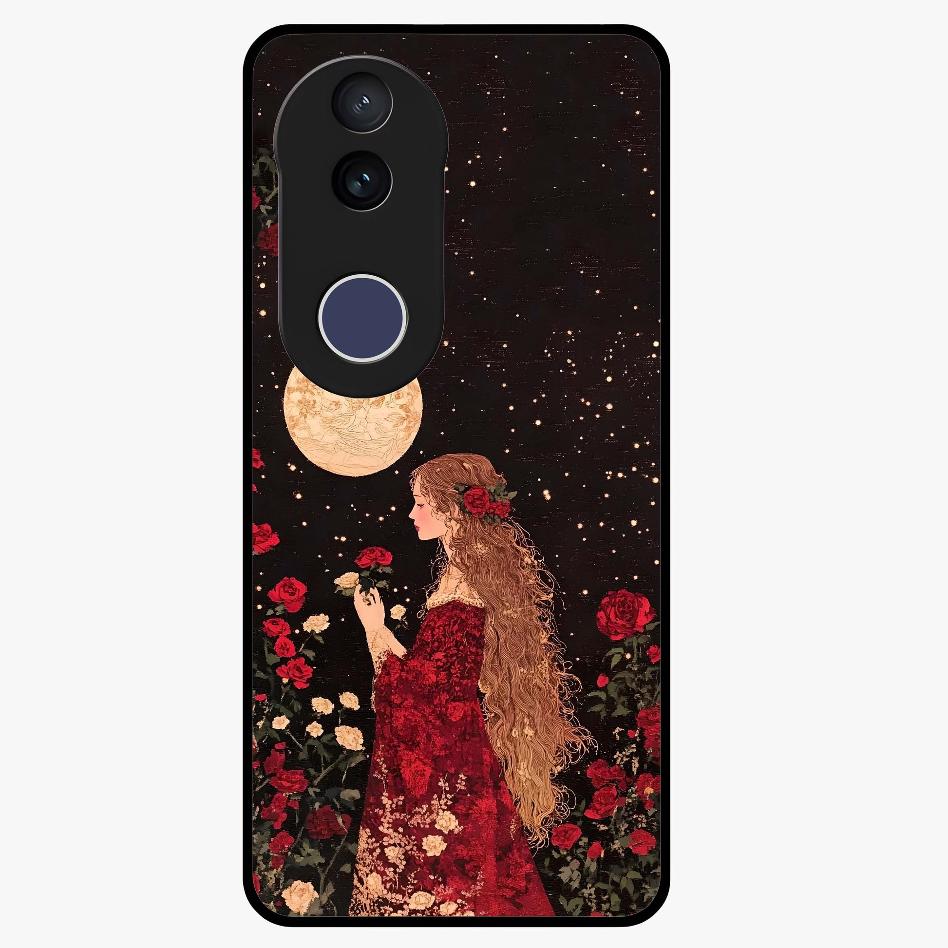 Crimson Dreams Glass Case showing flat back view with dreamy crimson artwork and glossy glass finish.