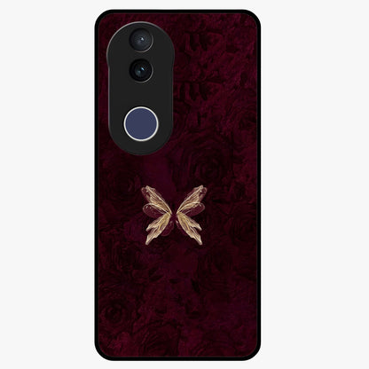 Crimson Fade Butterfly Glass Case showing flat back view with fading butterfly artwork and glossy glass finish.
