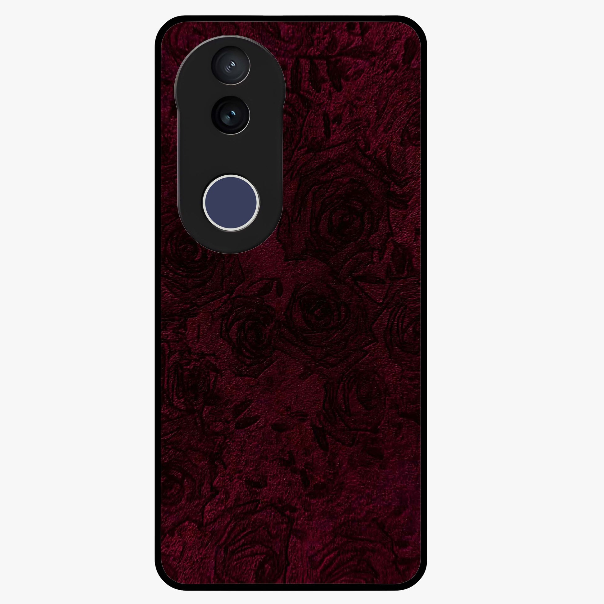 Crimson Fade Flow Glass Case showing flat back view with flowing crimson gradient artwork and glossy glass finish.