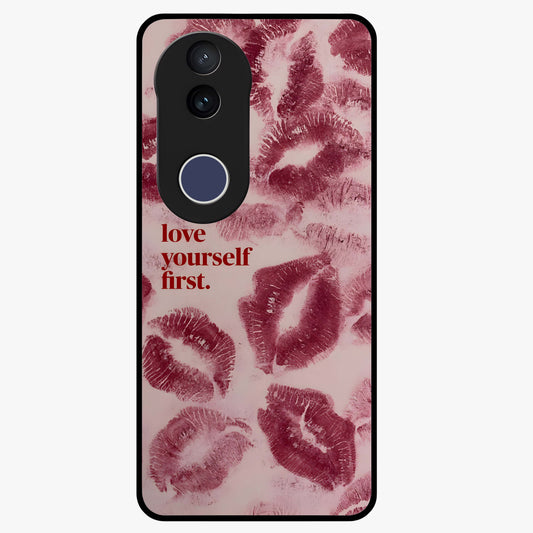 Crimson Kiss Love Glass Case showing flat back view with romantic crimson themed artwork and glossy glass finish.