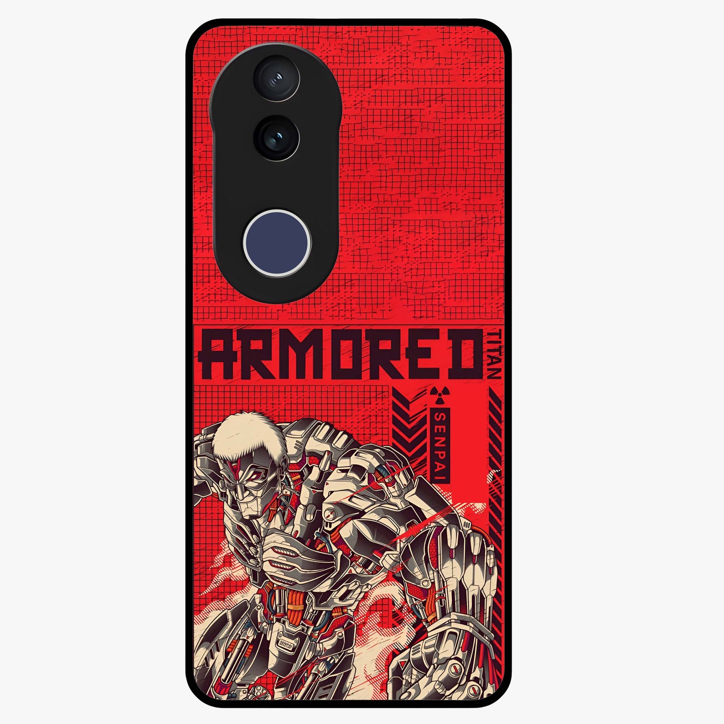 Crimson Mecha Titan Glass Case showing flat back view with powerful mech titan artwork and glossy glass finish.