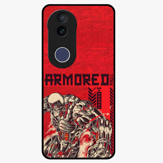 Crimson Mecha Titan Glass Case showing flat back view with powerful mech titan artwork and glossy glass finish.