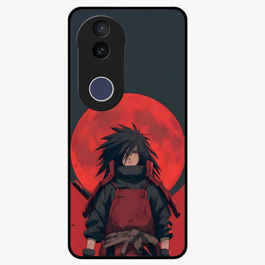 Crimson Moon Warlord Glass Case showing flat back view with mystical moon warrior artwork and glossy glass finish.