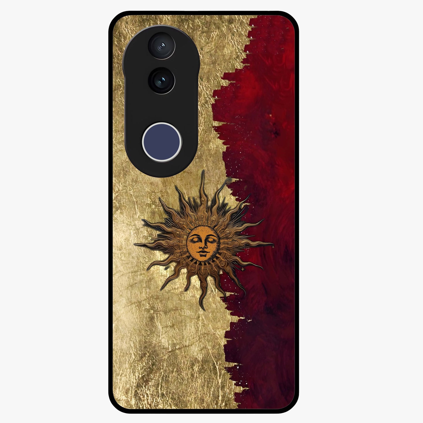 Crimson Sun Majesty Glass Case showing flat back view with radiant sun inspired artwork and glossy glass finish.