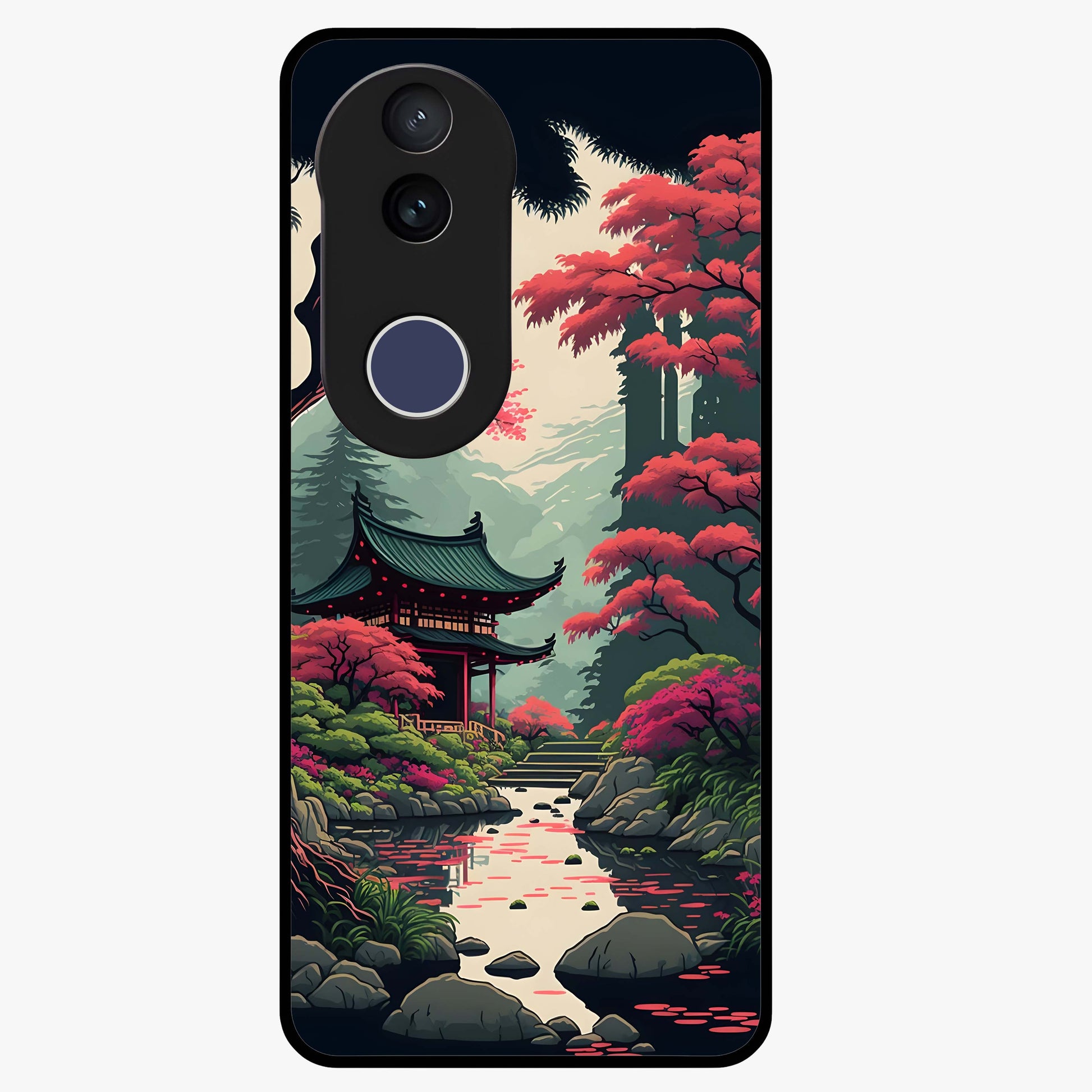 Crimson Temple View Glass Case showing flat back view with temple inspired artwork and glossy glass finish.