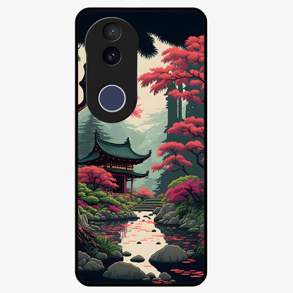 Crimson Temple View Glass Case showing flat back view with temple inspired artwork and glossy glass finish.