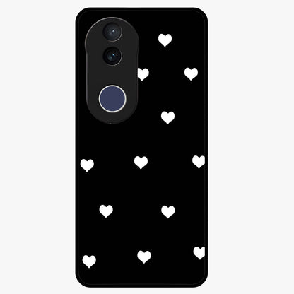 Cute And Simple White Hearts Glass Case showing flat back view with minimal white heart pattern and glossy glass finish.