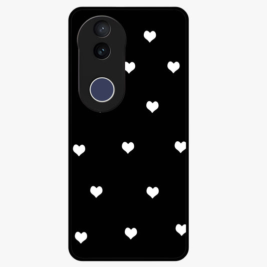 Cute And Simple White Hearts Glass Case showing flat back view with minimal white heart pattern and glossy glass finish.