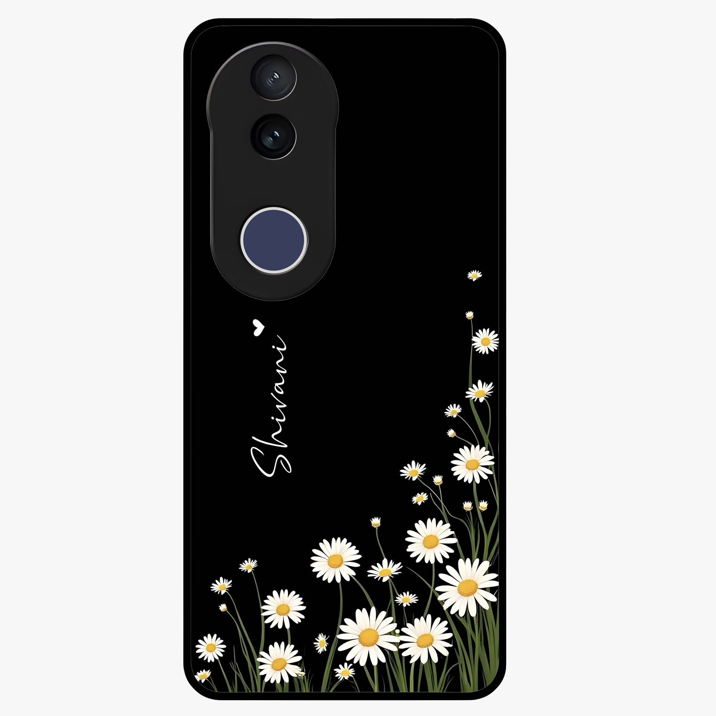 Daisy Cascade Custom Name Glass Case showing flat back view with cascading daisy flowers and personalized name design.