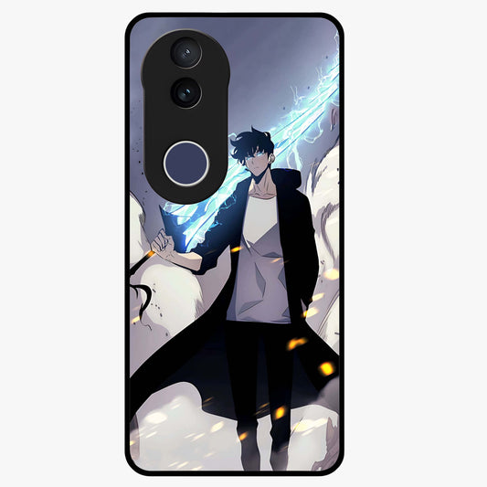 Dark Lightning Anime Warrior Glass Case showing flat back view with intense anime warrior artwork and glossy glass finish.