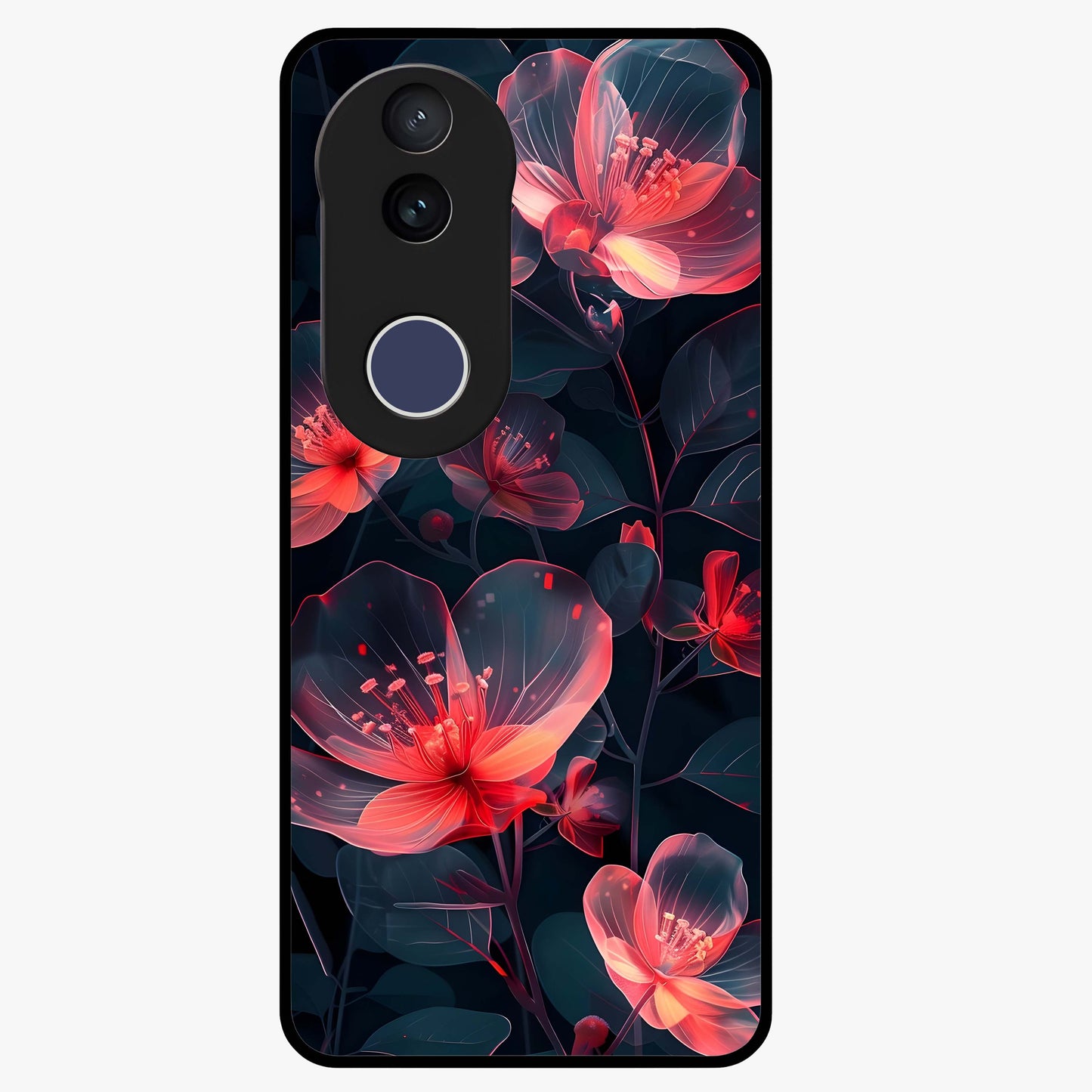 Dark Shade of Flower Glass Case showing flat back view with elegant dark floral artwork and glossy glass finish.