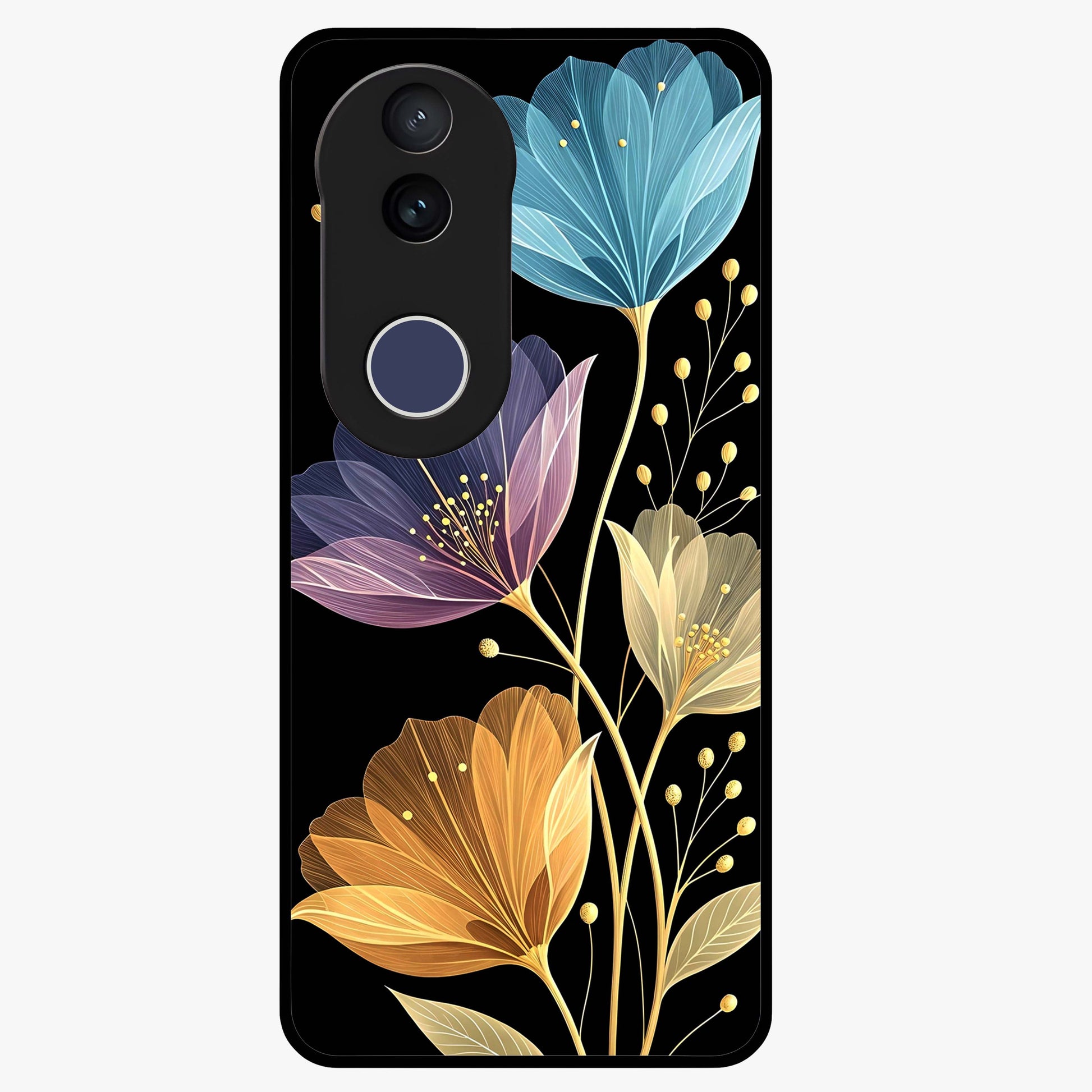 Delicate Multicolor Flowers Glass Case showing flat back view with vibrant floral artwork and glossy glass finish.