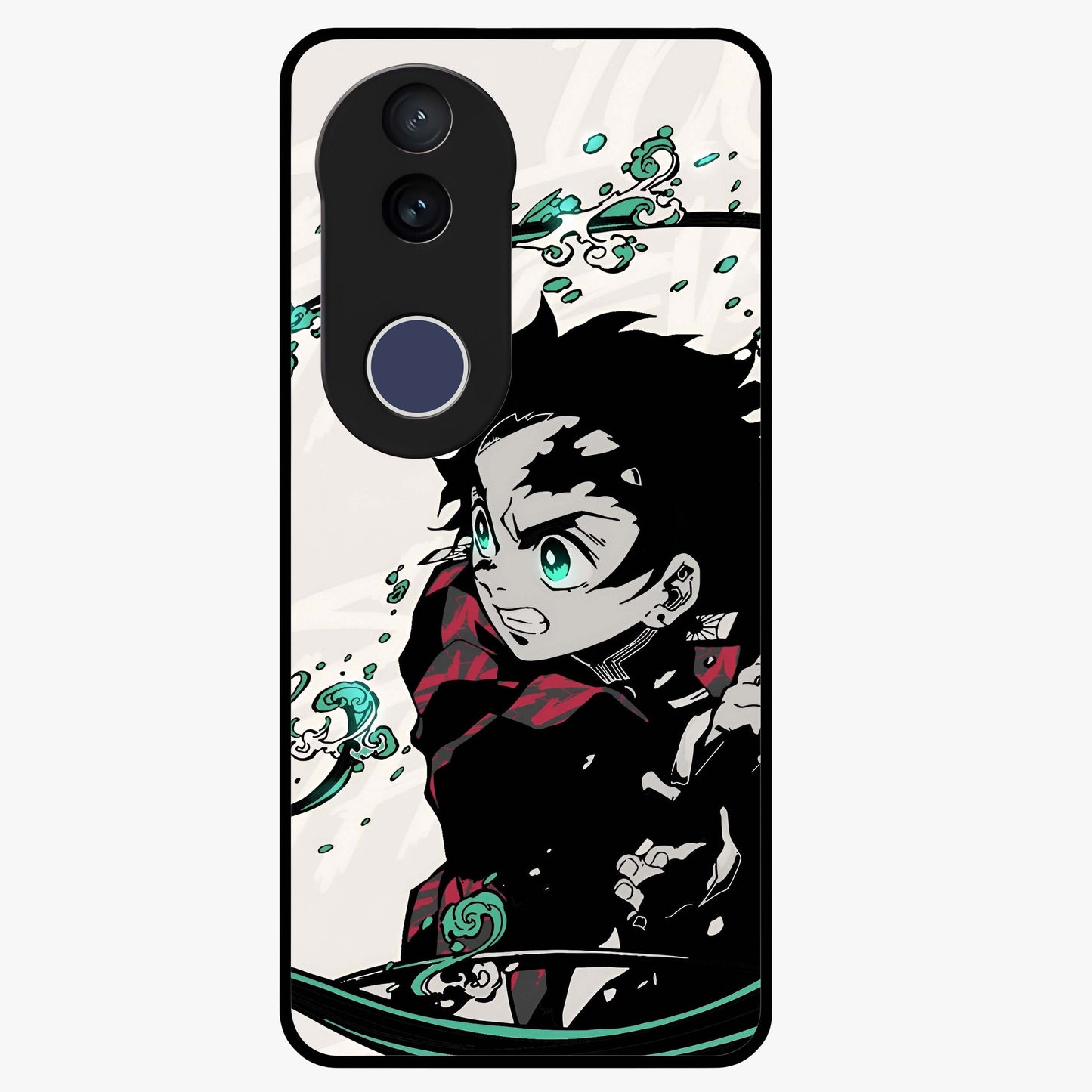 Demon Slayer Glass Case showing flat back view with bold anime inspired artwork and glossy glass finish.