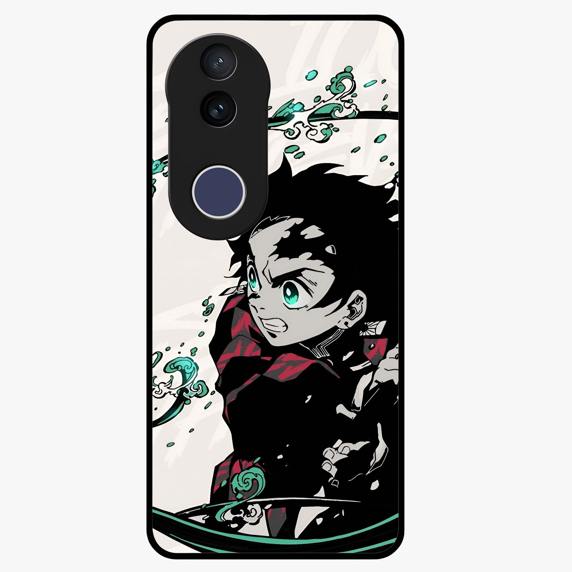 Demon Slayer Glass Case showing flat back view with bold anime inspired artwork and glossy glass finish.