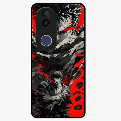 Demon Sword Resolve Glass Case showing flat back view with fierce sword warrior artwork and glossy glass finish.