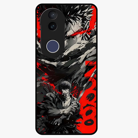 Demon Sword Resolve Glass Case showing flat back view with fierce sword warrior artwork and glossy glass finish.