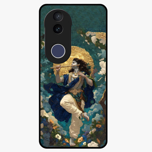 Divine Krishna Art Glass Case showing flat back view with Lord Krishna artwork and glossy glass finish.