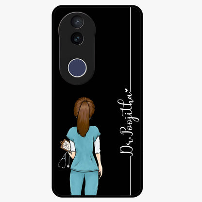 Doctor Pattern Custom Name Glass Case showing flat back view with medical themed pattern and personalized name design.