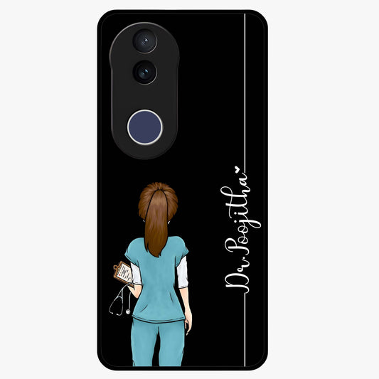 Doctor Pattern Custom Name Glass Case showing flat back view with medical themed pattern and personalized name design.