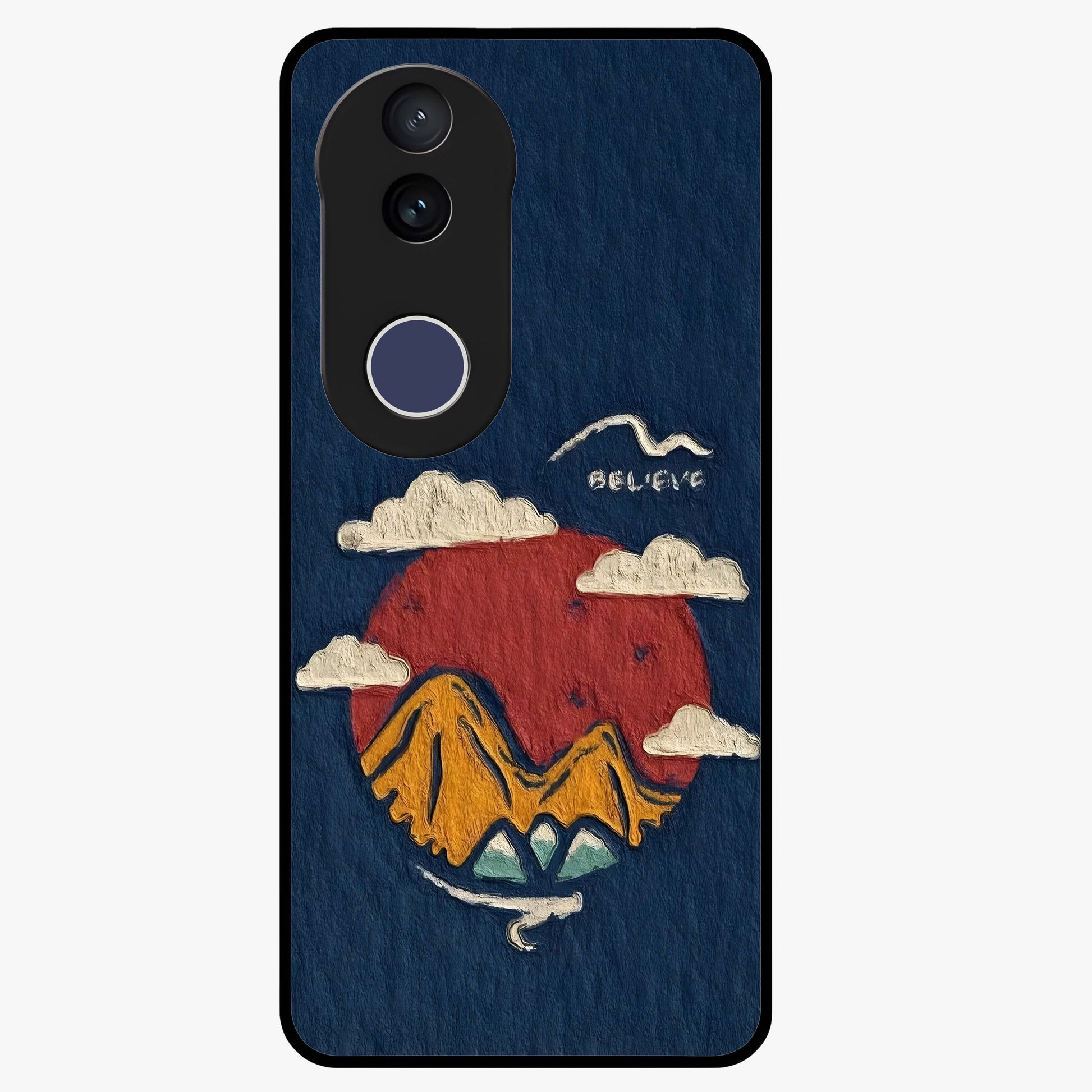 Dream Beyond Mountains Glass Case showing flat back view with scenic mountain landscape artwork and glossy glass finish.