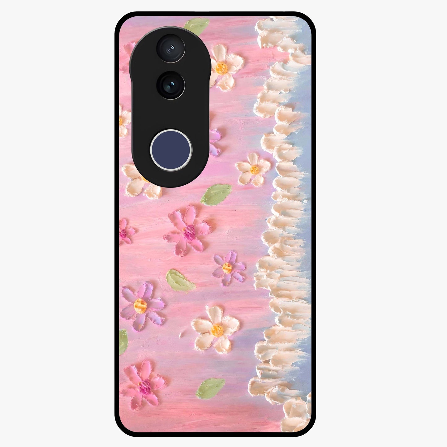 Dreamy Painted Garden Glass Case showing flat back view with artistic painted floral garden artwork and glossy glass finish.