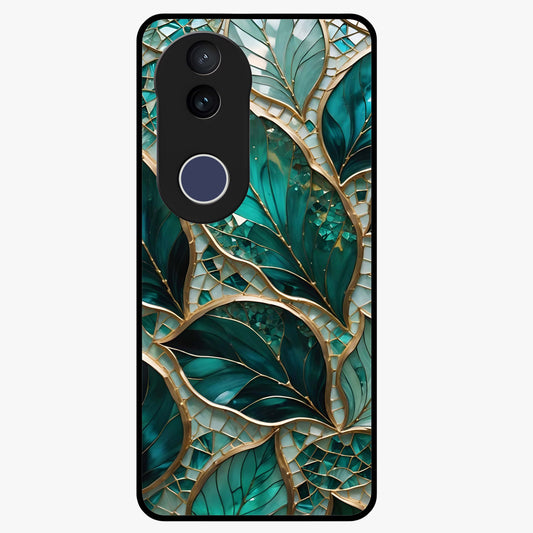 Emerald Leaf Glass Glass Case showing flat back view with emerald green leaf artwork and glossy glass finish.