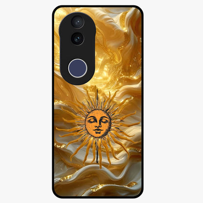 Eternal Golden Glow Glass Case showing flat back view with radiant golden themed artwork and glossy glass finish.