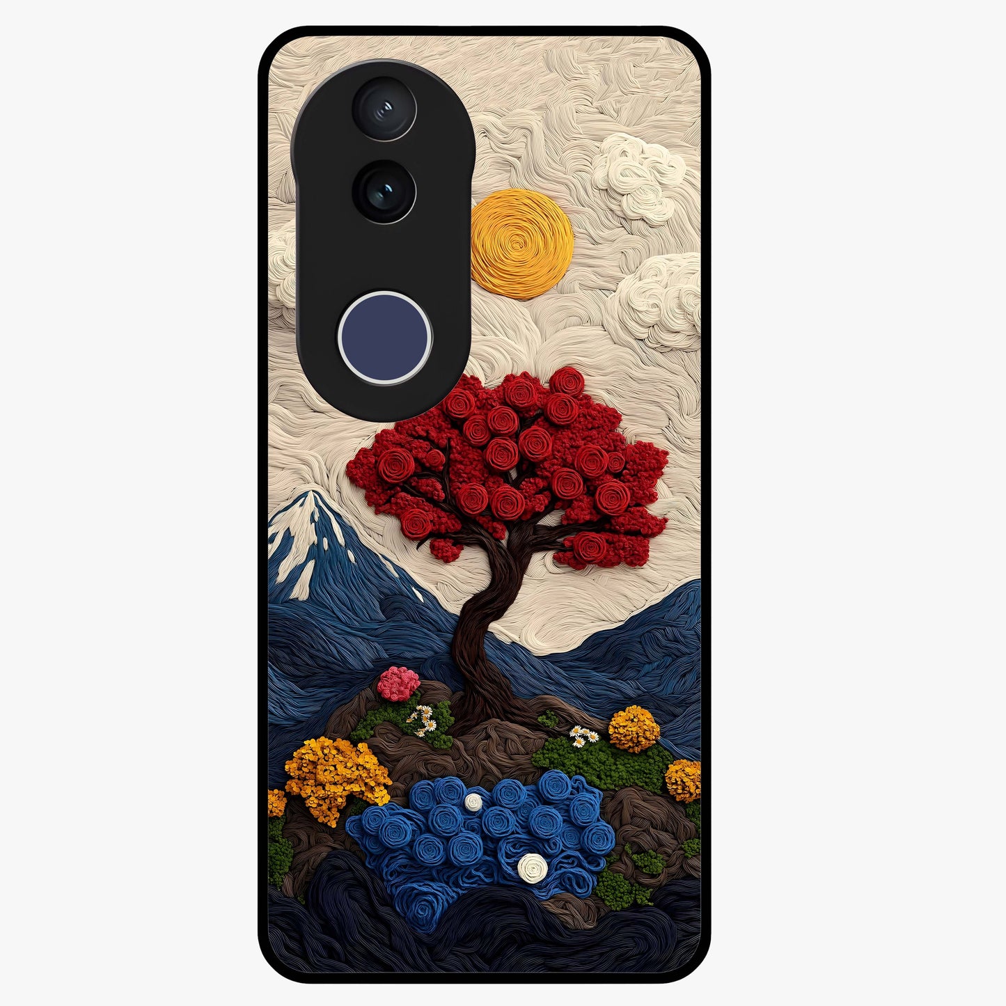 Eternal Nature Tapestry Glass Case showing flat back view with intricate nature tapestry artwork and glossy glass finish.