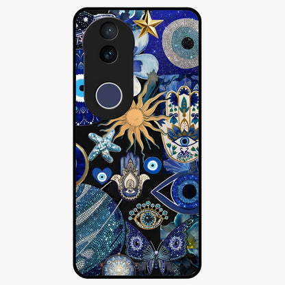 Evil Eye Charm Mix Glass Case showing flat back view with multiple evil eye charms artwork and glossy glass finish.