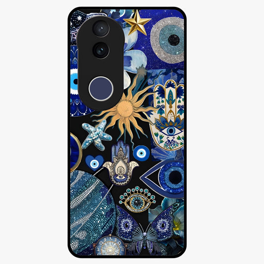Evil Eye Charm Mix Glass Case showing flat back view with multiple evil eye charms artwork and glossy glass finish.